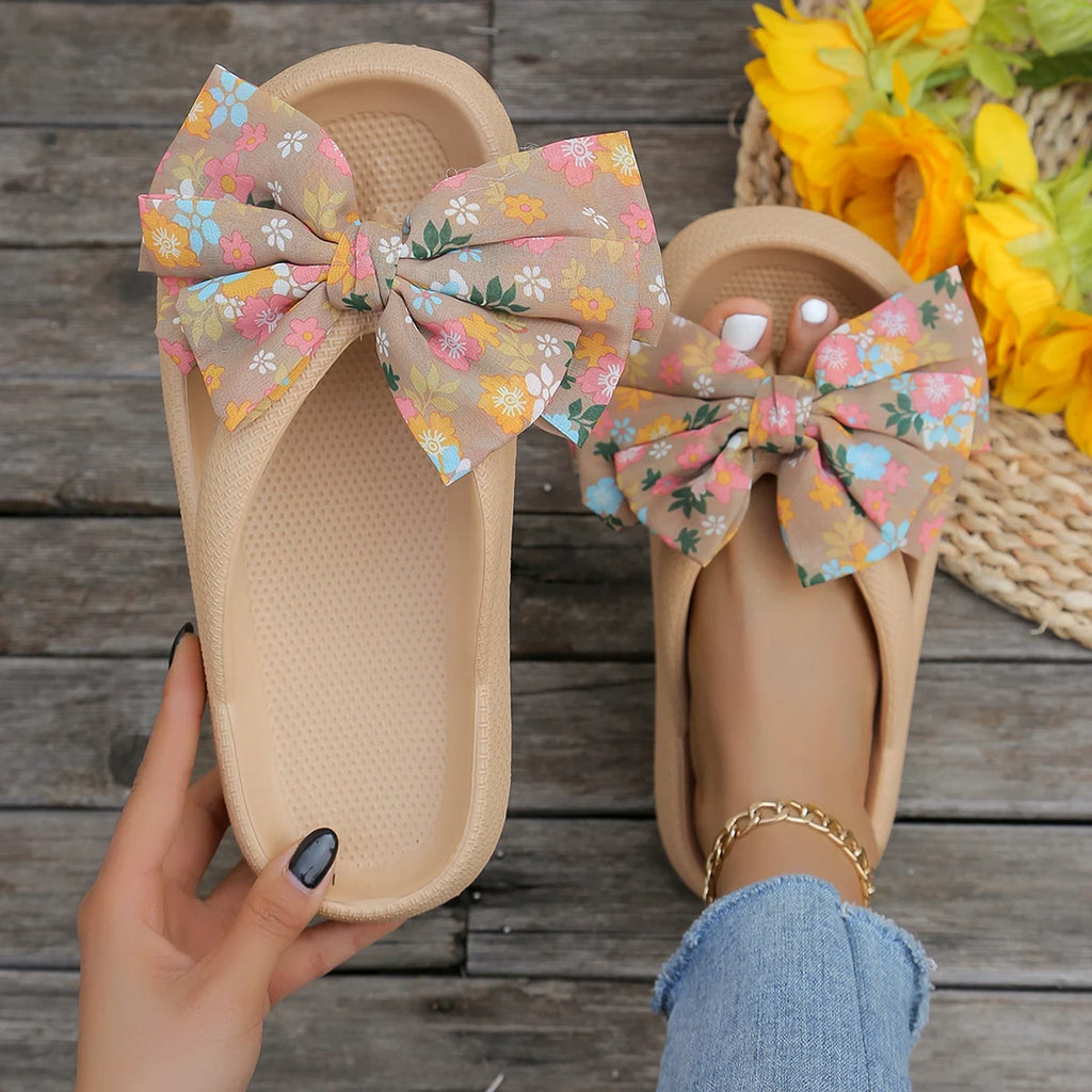 Summer Women Comfort Flip-Flop Leopard Bow Soft Thick-Soled Cloud Slippers Travel Vacation Beach Shoes New Women Sandals