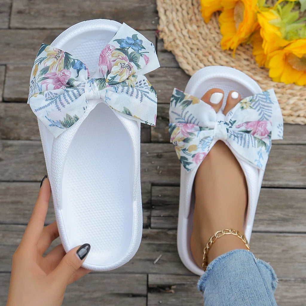 Summer Women Comfort Flip-Flop Leopard Bow Soft Thick-Soled Cloud Slippers Travel Vacation Beach Shoes New Women Sandals