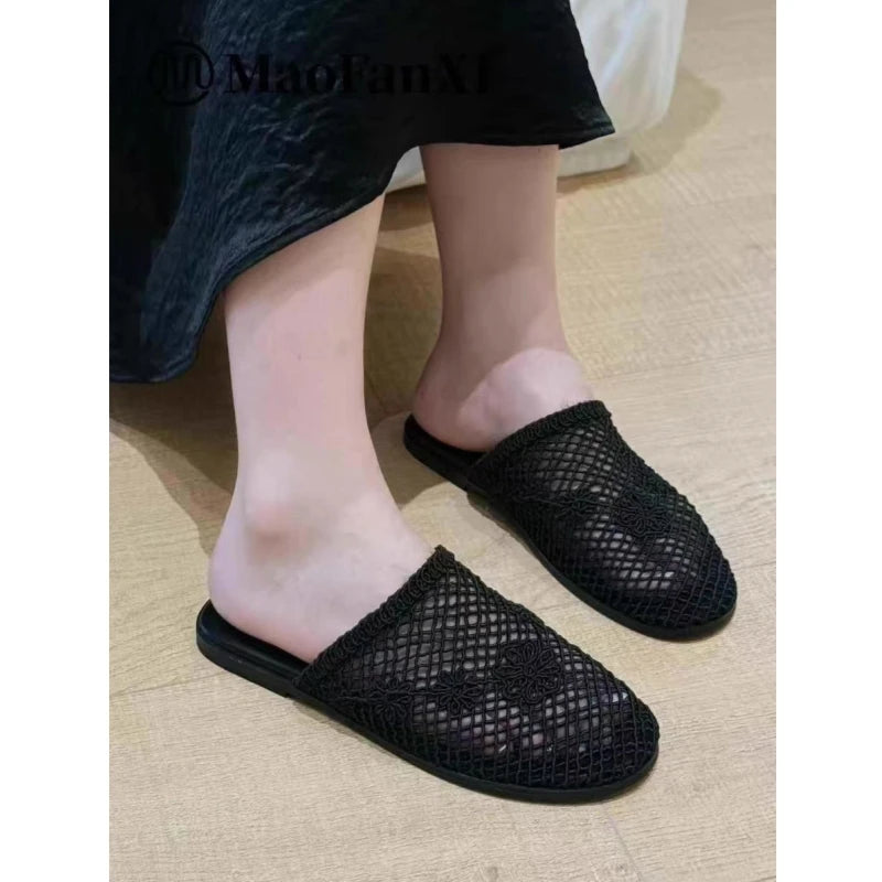 25 year new hollowed out woven toe cap low heel fishing net sheepskin elegant and versatile M ü ller sandals