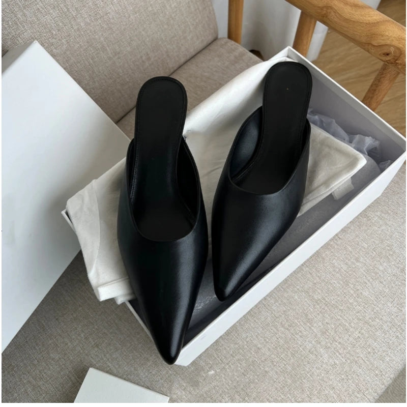 25 year spring/summer new TT French leather pointed high heels, comfortable and versatile, cat heels, Baotou Mueller sandals