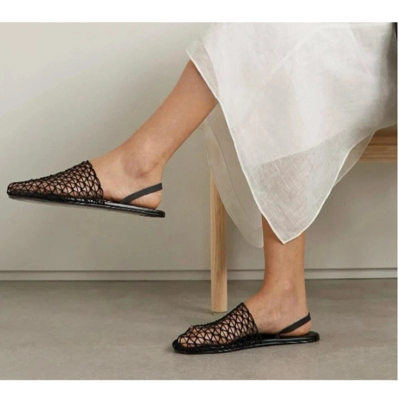 25 year new women's European and American style woven fishing net with Roman hollow out breathable flat bottomed Mueller slipper