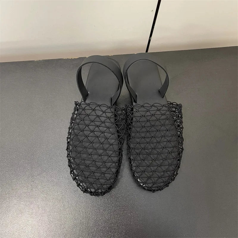 25 year new women's European and American style woven fishing net with Roman hollow out breathable flat bottomed Mueller slipper