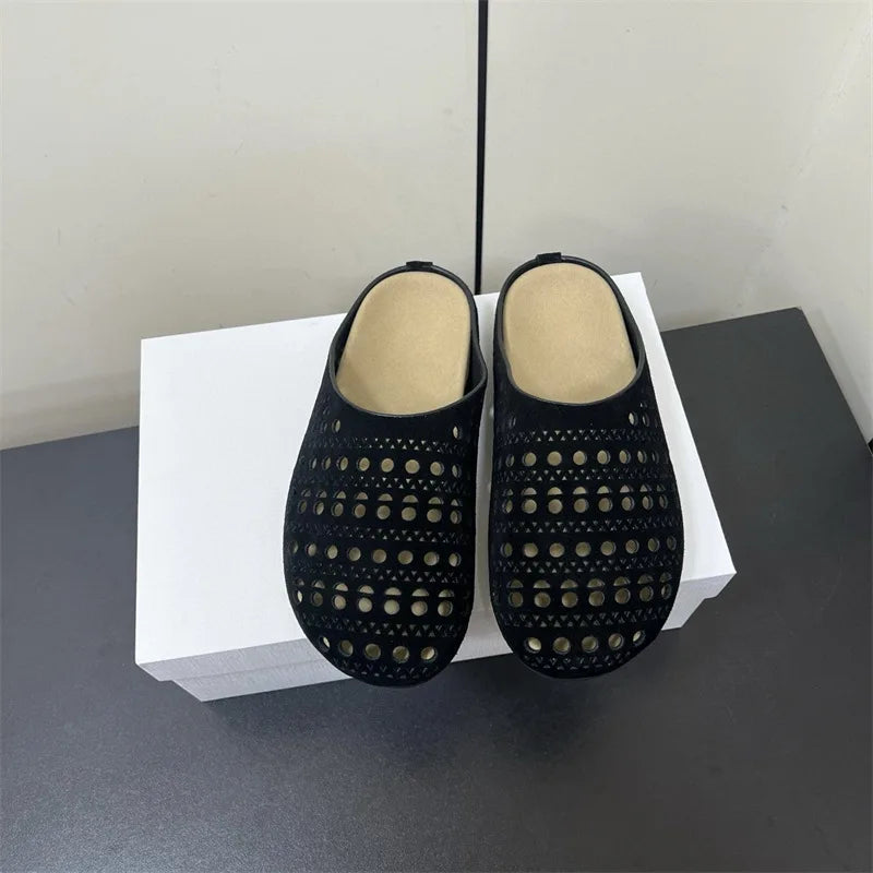 25 year popular niche fashion casual genuine leather breathable versatile hollow out one foot kick toe toe slippers