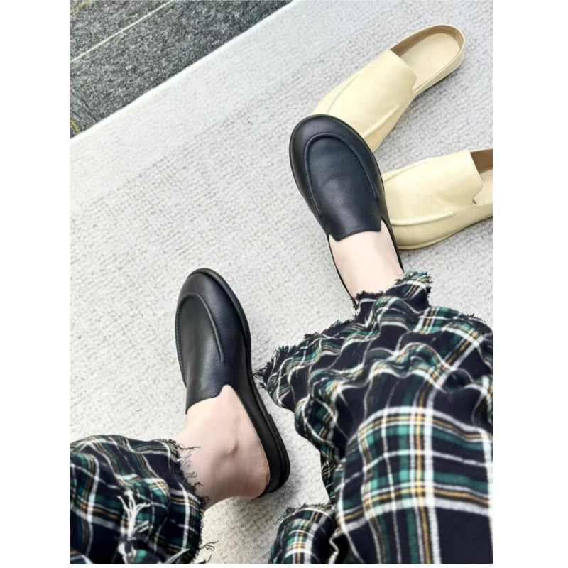 2025 New Spring and Autumn Genuine Leather Women's Half Dragged Flat Bottom Lazy Slippers