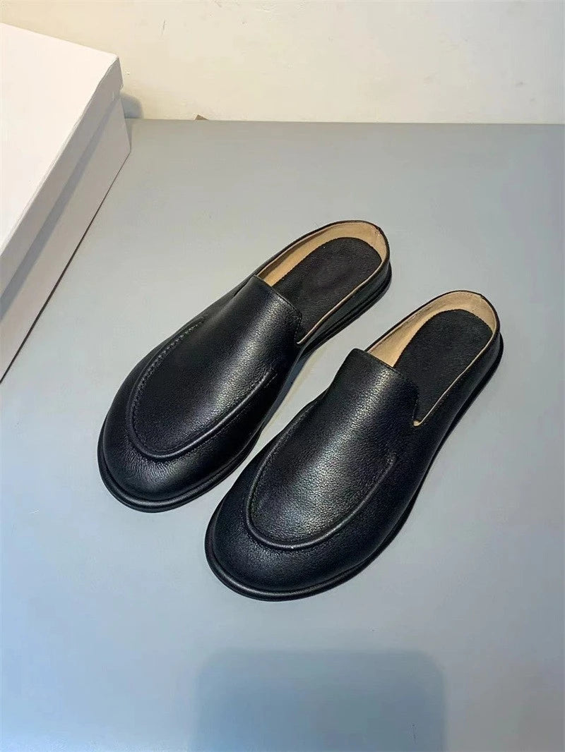 2025 New Spring and Autumn Genuine Leather Women's Half Dragged Flat Bottom Lazy Slippers