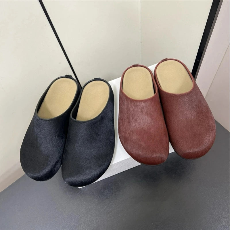 New red horsehair Boken women's genuine leather thick soled one foot kick lazy Baotou Mueller half slippers