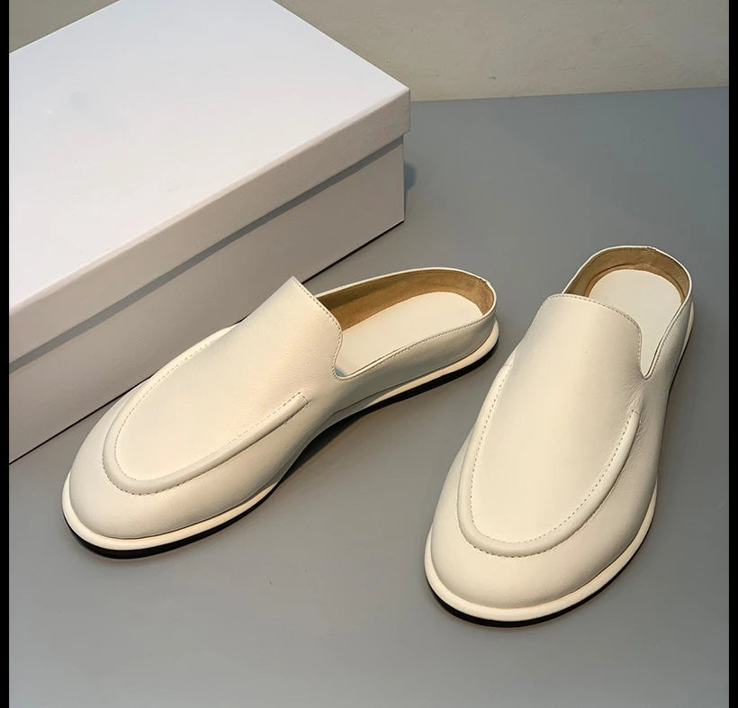 2025 New Spring and Autumn Genuine Leather Women's Half Dragged Flat Bottom Lazy Slippers