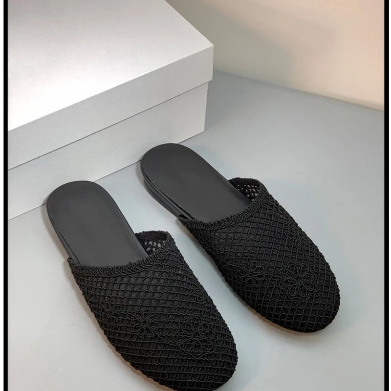 25 year new hollowed out woven toe cap low heel fishing net sheepskin elegant and versatile M ü ller sandals