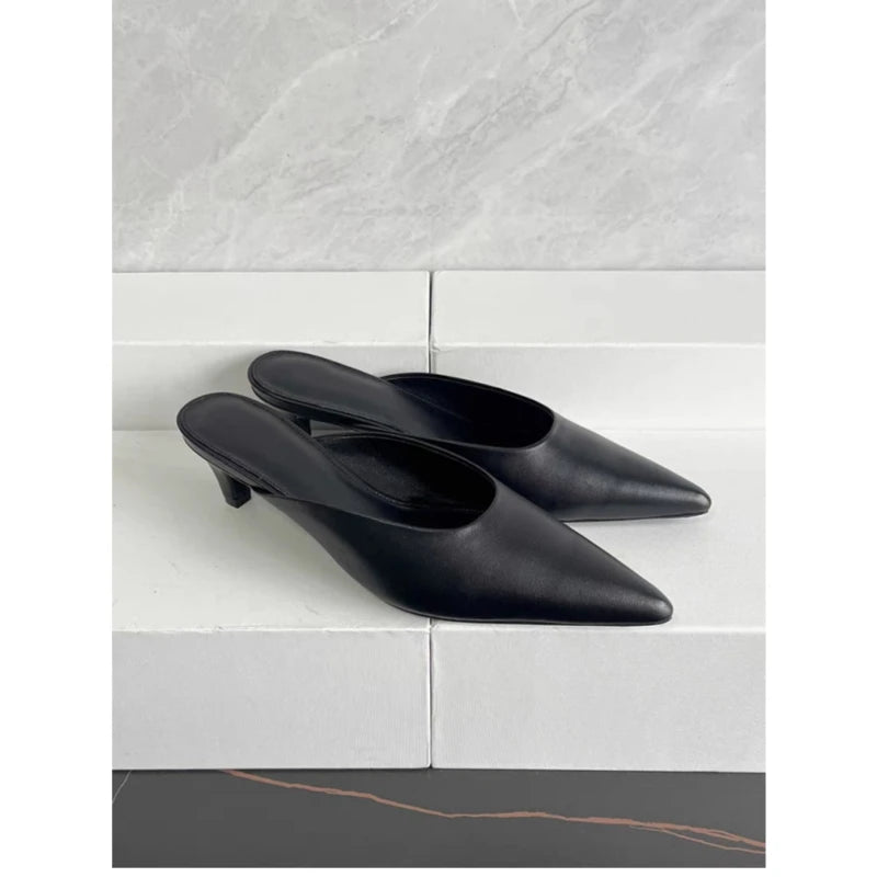 25 year spring/summer new TT French leather pointed high heels, comfortable and versatile, cat heels, Baotou Mueller sandals