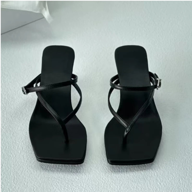 25 Year New French Elegant Sheepskin Stiletto High Heels Square Head One Strap Herringbone Cold Slippers