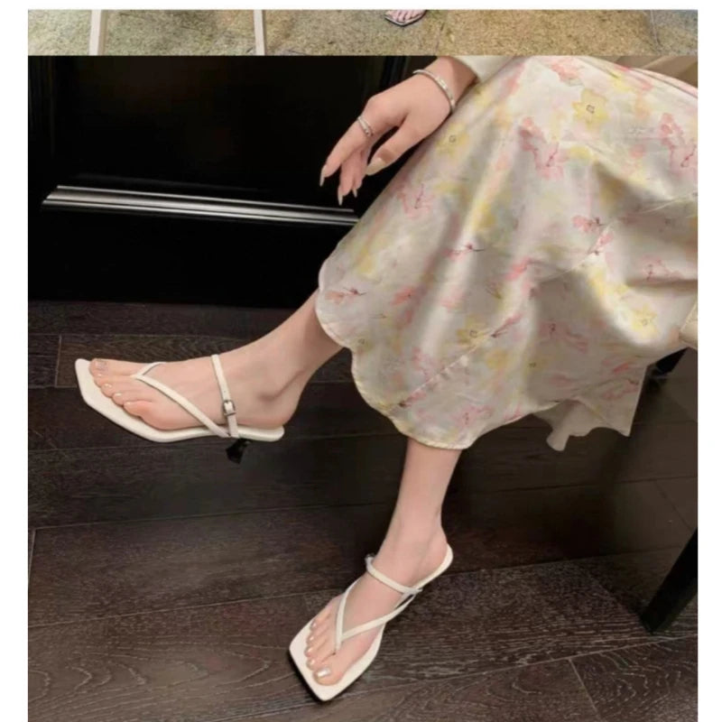 25 Year New French Elegant Sheepskin Stiletto High Heels Square Head One Strap Herringbone Cold Slippers