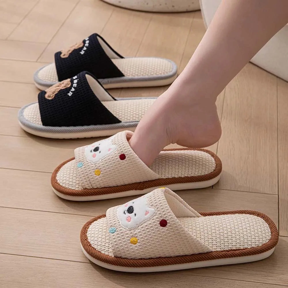 BASATU Cute Cartoon Slippers For Women Summer Linen Woman Slippers Men Falt Flip Flops Indoor Home Non-Slip Cotton Slipper