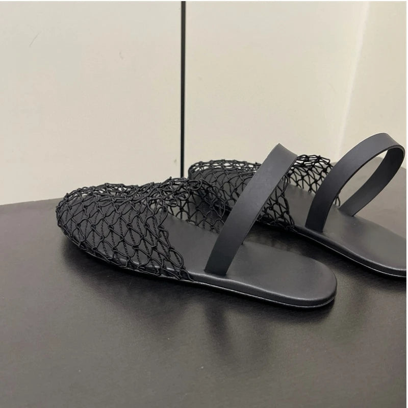 25 year new women's European and American style woven fishing net with Roman hollow out breathable flat bottomed Mueller slipper