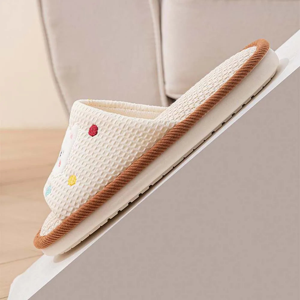 BASATU Cute Cartoon Slippers For Women Summer Linen Woman Slippers Men Falt Flip Flops Indoor Home Non-Slip Cotton Slipper