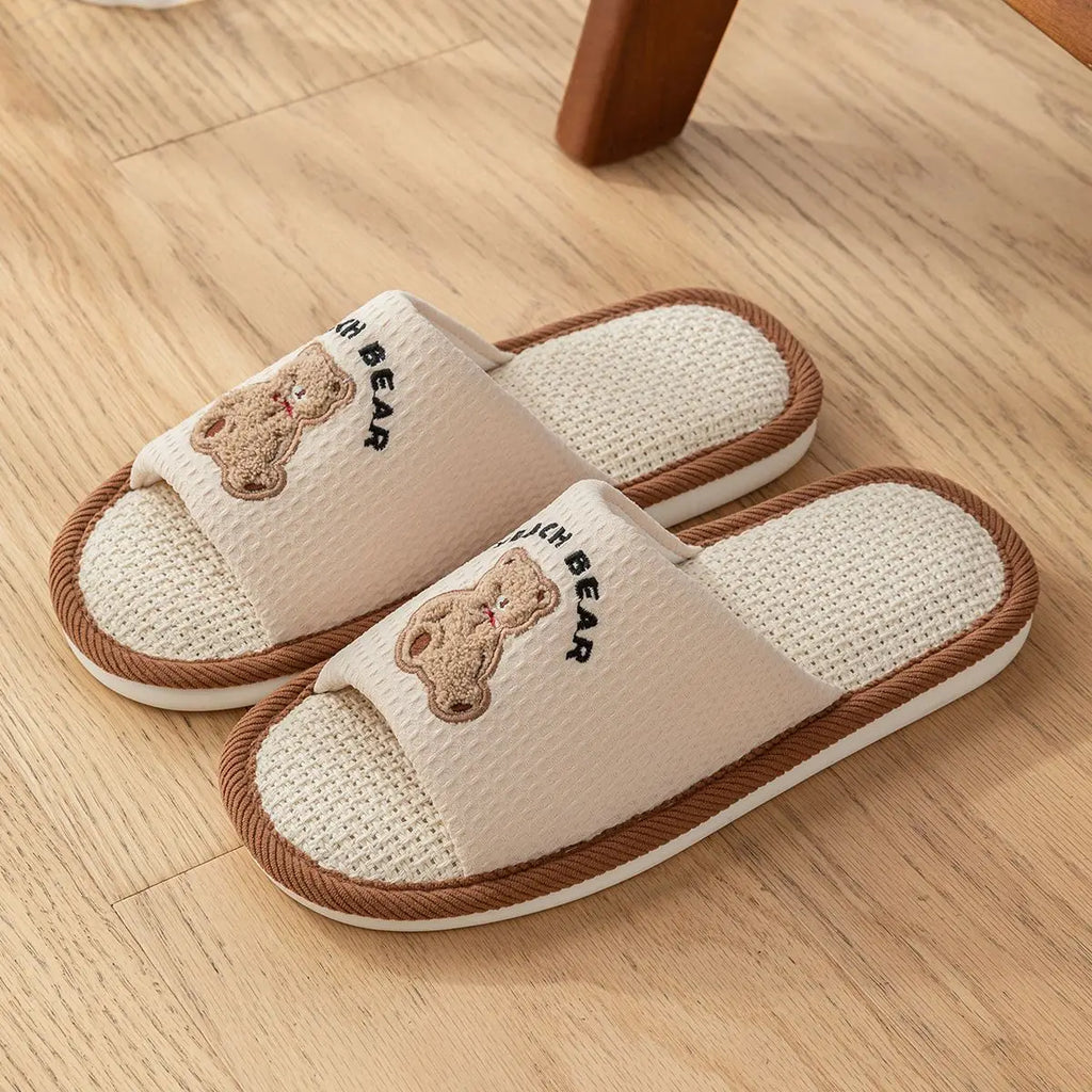 BASATU Cute Cartoon Slippers For Women Summer Linen Woman Slippers Men Falt Flip Flops Indoor Home Non-Slip Cotton Slipper