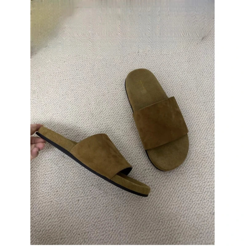 Women's retro genuine leather comfortable lazy flat beach slippers with a straight line for wearing outside