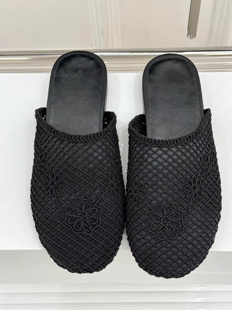 25 year new hollowed out woven toe cap low heel fishing net sheepskin elegant and versatile M ü ller sandals