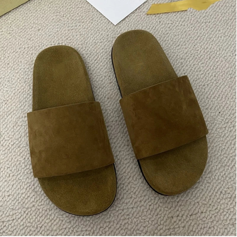 Women's retro genuine leather comfortable lazy flat beach slippers with a straight line for wearing outside