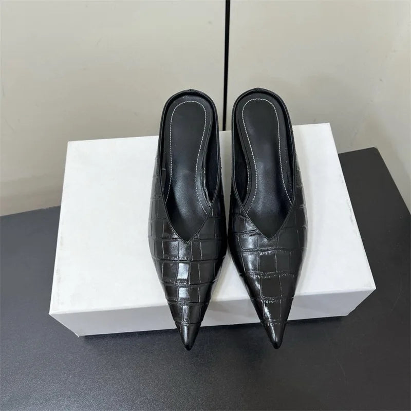 25 Year Early Spring New Fashionable Crocodile Pattern Pointed Slope Heel Muller Women's Genuine Leather Baotou Cold Slippers