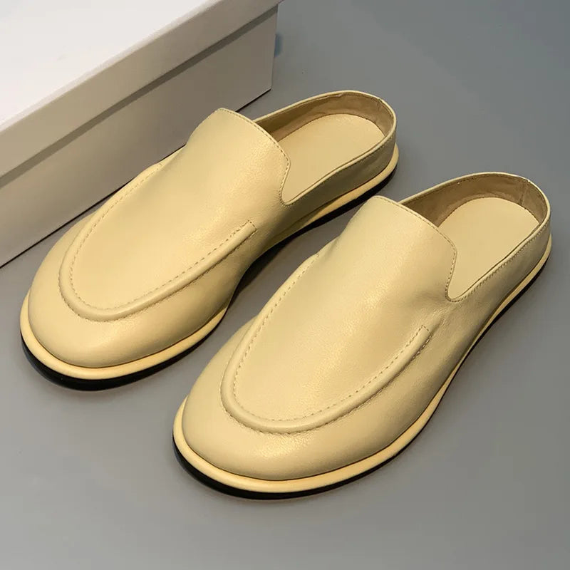 2025 New Spring and Autumn Genuine Leather Women's Half Dragged Flat Bottom Lazy Slippers