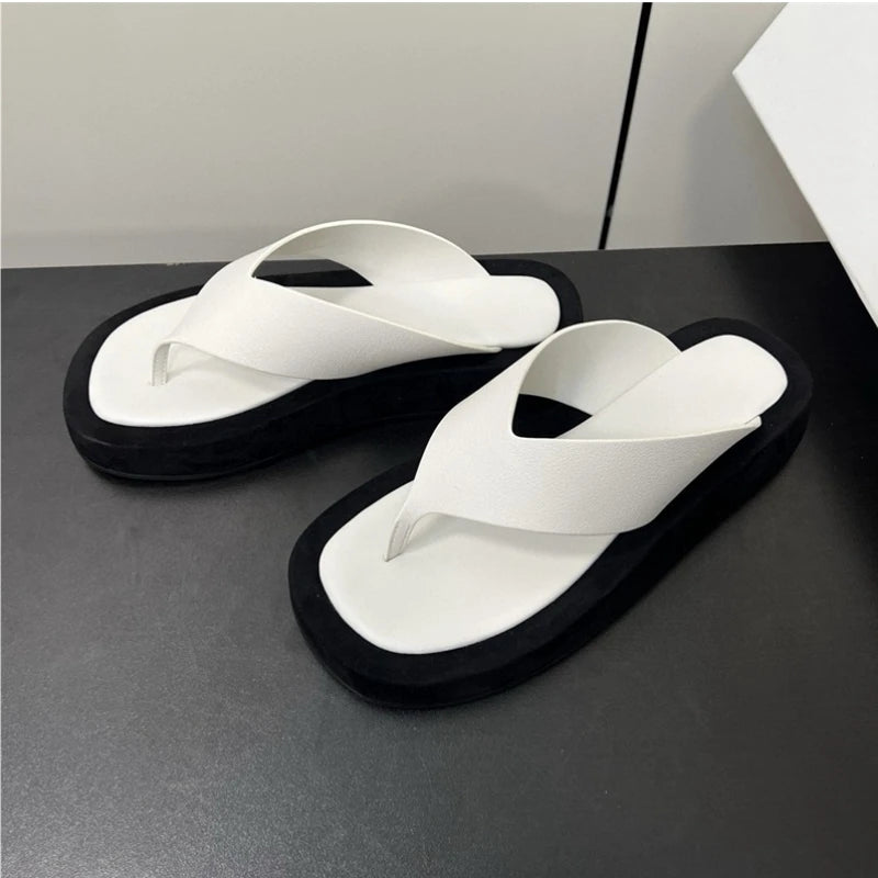 25 year new minimalist sponge bottom herringbone women's leather height increasing clip toe thick soled sandals