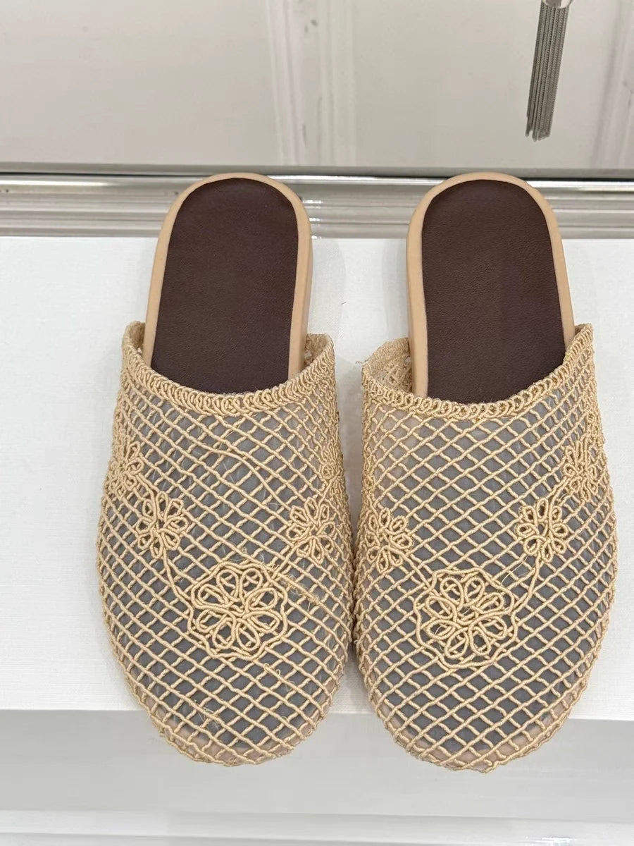 25 year new hollowed out woven toe cap low heel fishing net sheepskin elegant and versatile M ü ller sandals