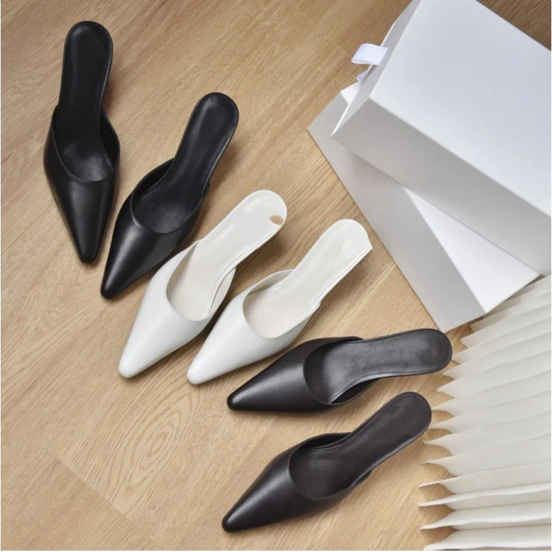 25 year new European and American leather pointed kitten and sexy queen Baotou Mu half slippers