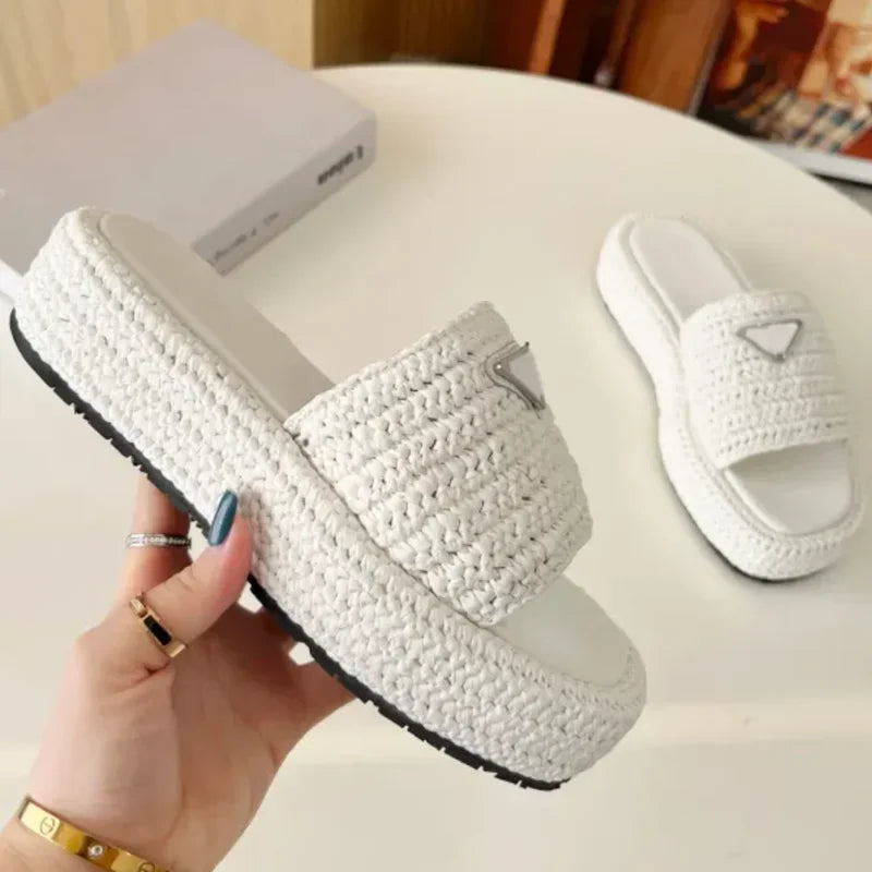 Handmade Knitted Thick Bottom Slippers Women's Casual Fashionable Outerwear Rubber Outsole 2025 Summer Best Seller Slippers34-42