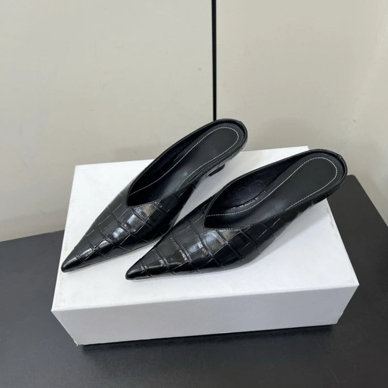 25 Year Early Spring New Fashionable Crocodile Pattern Pointed Slope Heel Muller Women's Genuine Leather Baotou Cold Slippers