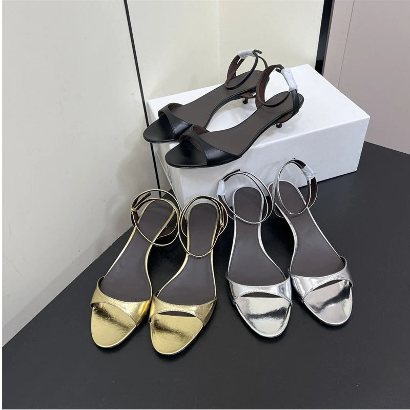 25 Year New French Retro Genuine Leather Simple Thin Heel Strap Cat Heel Open toed Sandals