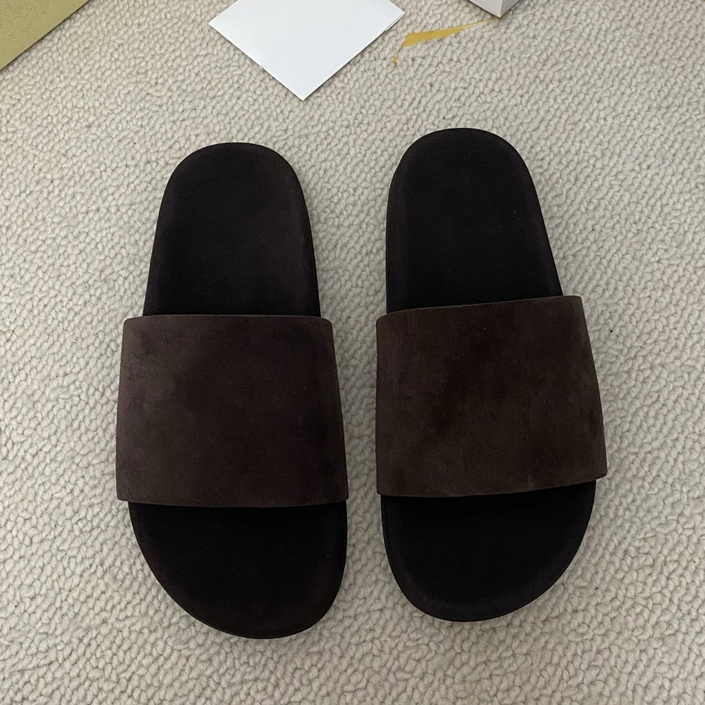 Women's retro genuine leather comfortable lazy flat beach slippers with a straight line for wearing outside