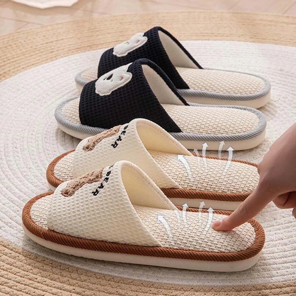 BASATU Cute Cartoon Slippers For Women Summer Linen Woman Slippers Men Falt Flip Flops Indoor Home Non-Slip Cotton Slipper