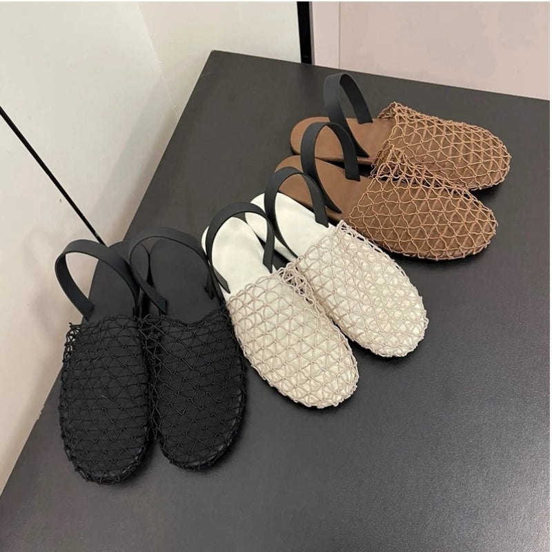 25 year new women's European and American style woven fishing net with Roman hollow out breathable flat bottomed Mueller slipper