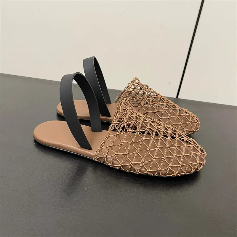 25 year new women's European and American style woven fishing net with Roman hollow out breathable flat bottomed Mueller slipper