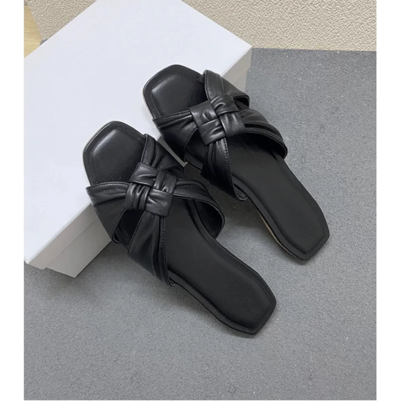 25 year summer new niche square toe sheepskin woven leather flat bottom outer wear exposed toe cool slippers