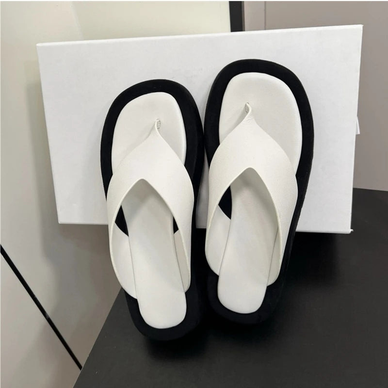 25 year new minimalist sponge bottom herringbone women's leather height increasing clip toe thick soled sandals