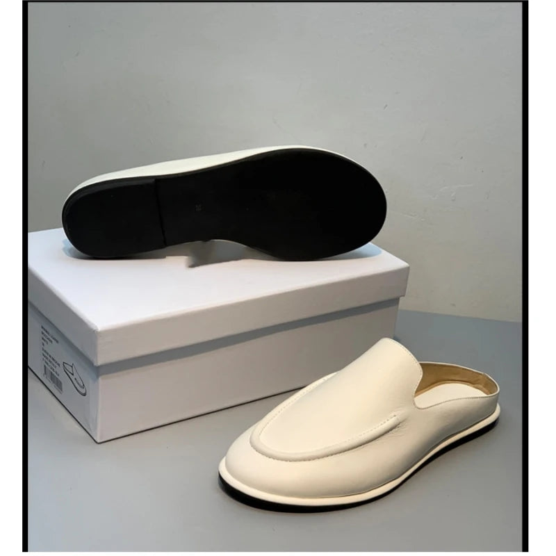2025 New Spring and Autumn Genuine Leather Women's Half Dragged Flat Bottom Lazy Slippers