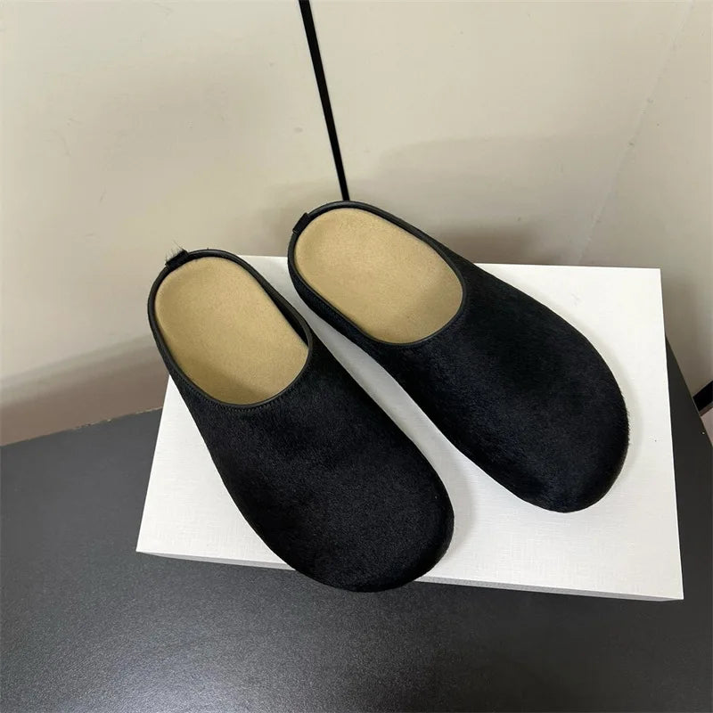 New red horsehair Boken women's genuine leather thick soled one foot kick lazy Baotou Mueller half slippers