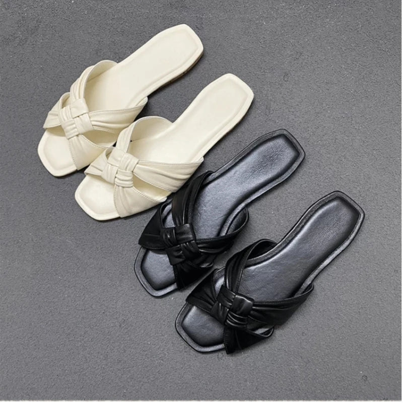 25 year summer new niche square toe sheepskin woven leather flat bottom outer wear exposed toe cool slippers