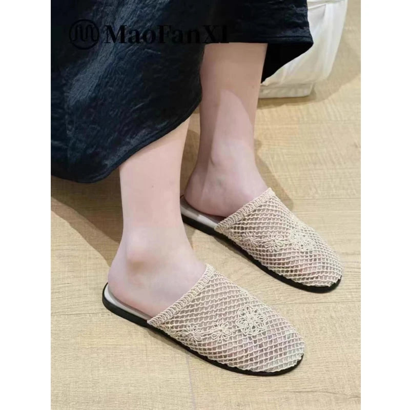 25 year new hollowed out woven toe cap low heel fishing net sheepskin elegant and versatile M ü ller sandals