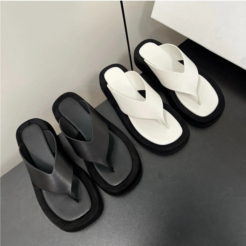 25 year new minimalist sponge bottom herringbone women's leather height increasing clip toe thick soled sandals