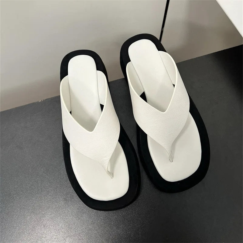25 year new minimalist sponge bottom herringbone women's leather height increasing clip toe thick soled sandals