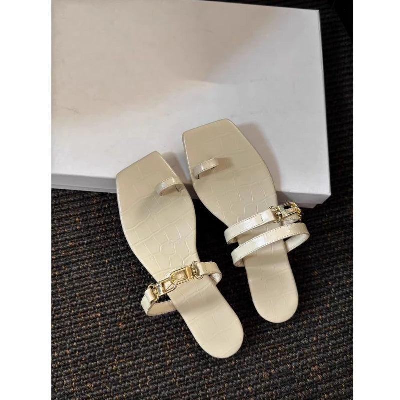 25 year summer genuine leather double gold buckle cover toe comfortable square head flat bottom straight strap M ü ller slippers