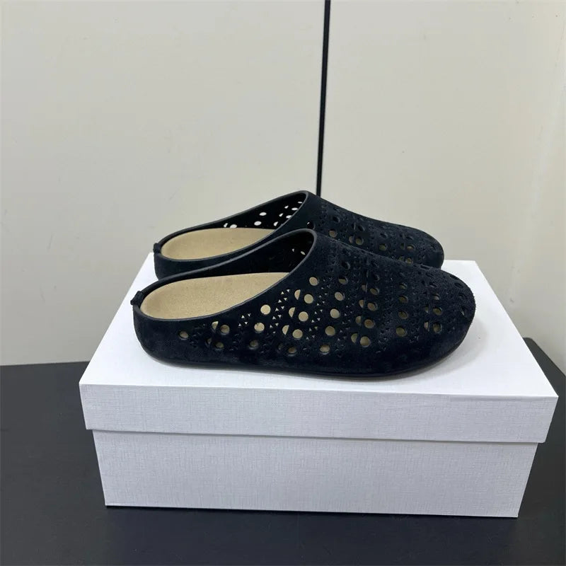 25 year popular niche fashion casual genuine leather breathable versatile hollow out one foot kick toe toe slippers