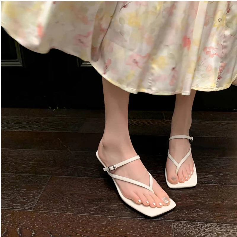 25 Year New French Elegant Sheepskin Stiletto High Heels Square Head One Strap Herringbone Cold Slippers
