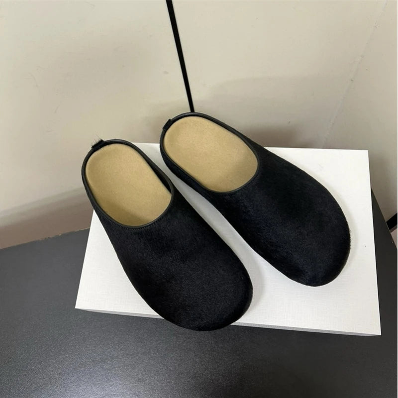 New red horsehair Boken women's genuine leather thick soled one foot kick lazy Baotou Mueller half slippers